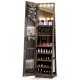 360° swivel jewelry cabinet in rustic brown with LED lights, open shelves, and full-length mirror for easy access.