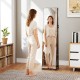 Full length mirror with 360° swivel and rustic brown jewelry cabinet, featuring open shelves and LED makeup lights.