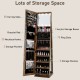 360° swivel jewelry cabinet in rustic brown with full-length mirror, featuring ample storage for jewelry and cosmetics.