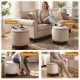 Beige 360° swivel velvet footrest with hidden storage, serving as a side table and footstool for versatile living room.