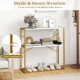36" console table with white wooden shelves and gold metal frame, featuring two tiers for storage in an entryway.