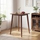 Walnut high top pub table with a smooth wooden surface and solid rubberwood legs, perfect for home bar settings.