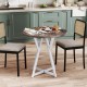 Round dining table with a natural wood-grain surface and metal pedestal base, ideal for dining rooms or living areas.