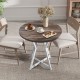 Round dining table with a natural wood-grain surface and sturdy X-shaped metal base, ideal for dining rooms or living.