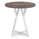 Round dining table with a 31.5" antique wood-grain top and sturdy X-shaped metal base, ideal for various settings.