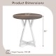 Round dining table dimensions showing a 31.5" diameter and 30" height, featuring a rustic wood-grain surface and metal.