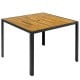 36-inch square outdoor dining table with acacia wood slatted top and metal frame, perfect for patio gatherings.