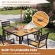 36-inch square outdoor dining table with acacia wood slatted top and built-in 1.97" umbrella hole, perfect for patios.