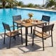 36-inch square outdoor dining table with acacia wood slatted top, perfect for patio gatherings, seats up to 4 people.