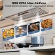36-inch under cabinet range hood with 900 CFM airflow, 4 fan speeds, and baffle filters for efficient smoke removal.