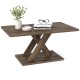 Rectangular coffee table with a geometric design, brown rubber wood finish, and spacious tabletop for living room use.