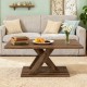 Rectangular coffee table with a rustic wood texture and sturdy rubber wood base, perfect for living room use.