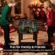 Mini foosball table with vibrant graphics, detachable legs, and sturdy MDF construction for tabletop or standalone play.