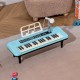 Blue 37-key kids piano keyboard with microphone and music stand, designed for tabletop or floor use, ideal for young.