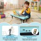 Kids piano keyboard in blue with adjustable microphone stand, featuring 37 keys and dual speakers for musical fun.