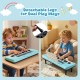 Kids piano keyboard in blue with detachable legs, microphone, and music stand for tabletop or floor play.