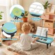 Kids piano keyboard in blue with dual speakers, rounded corners, and musical note pattern for safe, fun play.