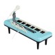 Blue 37-key kids piano keyboard with microphone and music stand, designed for tabletop or floor use, perfect for young.