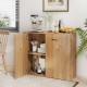 Natural wood 38" buffet sideboard cabinet with open shelves and doors, ideal for kitchen and dining room storage.