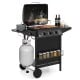 Outdoor propane gas grill on wheels with 39,000 BTU, 3 burners, side burner, and ample storage for cooking essentials.