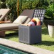 Gray 39-gallon deck box with lockable lid, perfect for storing patio cushions and poolside essentials.