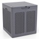 Gray 39-gallon deck box features a lockable lid and rattan-like surface, perfect for patio storage or as a table.