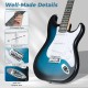 39-inch electric guitar in blue with 22 frets, adjustable tremolo bridge, and 5-way switch for versatile playing.