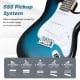 Close-up of the 39-inch electric guitar showcasing the SSS pickup system and adjustable tremolo bridge for versatile.