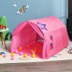 Pink kids play tent with star design, made of peach skin fabric, featuring mesh windows and storage pockets for toys.