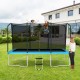 Rectangular 8 x 14 feet trampoline with safety enclosure net and ladder, perfect for outdoor recreational fun.