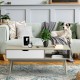 Coffee cocktail accent table in gray with drawer and open shelves, perfect for stylish living room storage and decor.