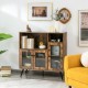 Industrial-style buffet kitchen storage cupboard in rustic brown with two open compartments and sleek black tapered.
