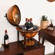 23-inch globe wine bar stand in brown, featuring storage for 3 wine bottles and glasses, perfect for dining or living.
