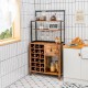 Rustic brown kitchen baker's rack with wine glass holder, drawer, and 3-tier shelf for versatile storage and display.