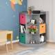 Gray 3-tier kids storage shelf corner cabinet with colorful baskets, perfect for organizing toys and books in a room.