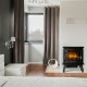 Freestanding black electric fireplace heater showcasing realistic flame effect, compact design, and cool-to-touch.