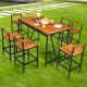 7-piece acacia wood patio bar set with 6 stools, featuring an umbrella hole, perfect for outdoor dining and gatherings.