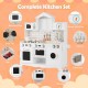 Wooden kids kitchen playset featuring a washing machine, oven, and sink, designed for imaginative play and creativity.