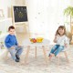 Kids activity play table with two chairs, white cushion and beech legs, perfect for playroom or nursery use.