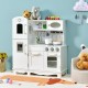 White kitchen pretend play cookware set for kids with water dispenser, featuring removable sink and durable design.