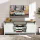TV stand media center console cabinet in white with sliding barn doors, featuring ample storage for a 60" television.