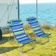 Portable beach chair set of 2 with blue striped fabric and adjustable backrest, perfect for outdoor relaxation.