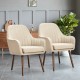 Set of 2 beige fabric upholstered accent chairs with wooden legs, featuring ergonomic armrests for comfort in any room.