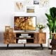 Industrial TV stand in rustic brown with storage cabinets, designed for TVs up to 55", perfect for living room.