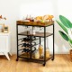 3-tier rustic brown wood rolling kitchen serving cart with wine rack, glass holders, and universal casters for.