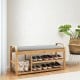 Bamboo shoe rack bench with cushion, featuring three tiers for storage and ergonomic design, perfect for entryway use.