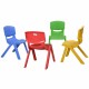 Colorful stackable plastic children chairs in blue, red, green, and yellow, perfect for playrooms and daycare settings.