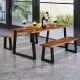 Solid acacia wood dining bench with metal legs, featuring a polished surface, perfect for patio seating.