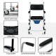 2-in-1 aluminum commode shower wheelchair with locking casters, safety belt, and adjustable height for user comfort.