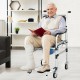 Aluminum commode shower wheelchair with adjustable height, locking casters, and removable toilet for easy cleaning.